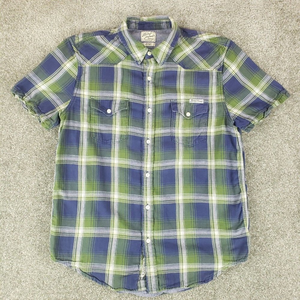 Lucky Brand Shirt Large L Mens Green Blue Plaid Short Sleeve Collared Button Up